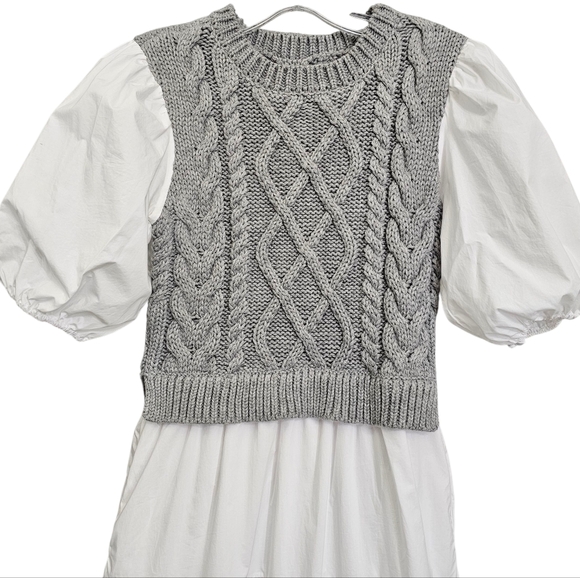 Anthropologie English Factory Wht/Gray Cable Knit Puff Sleeve Tier Ruffle Dress - Picture 5 of 17